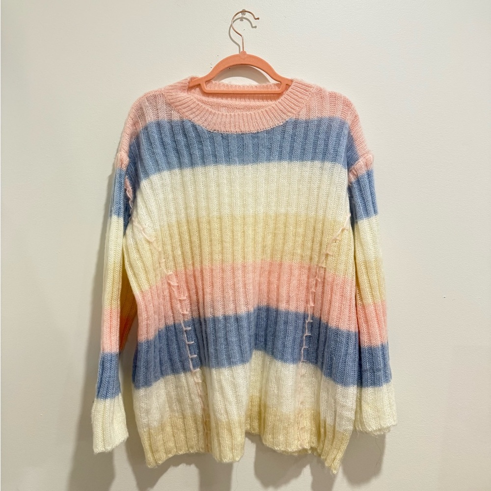 J.ING Pink and Blue Crew Neck Sweater with Pastel Stripes